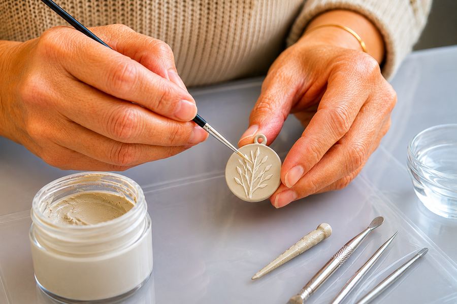 Detailování reliéfu na metal clay přívěsku