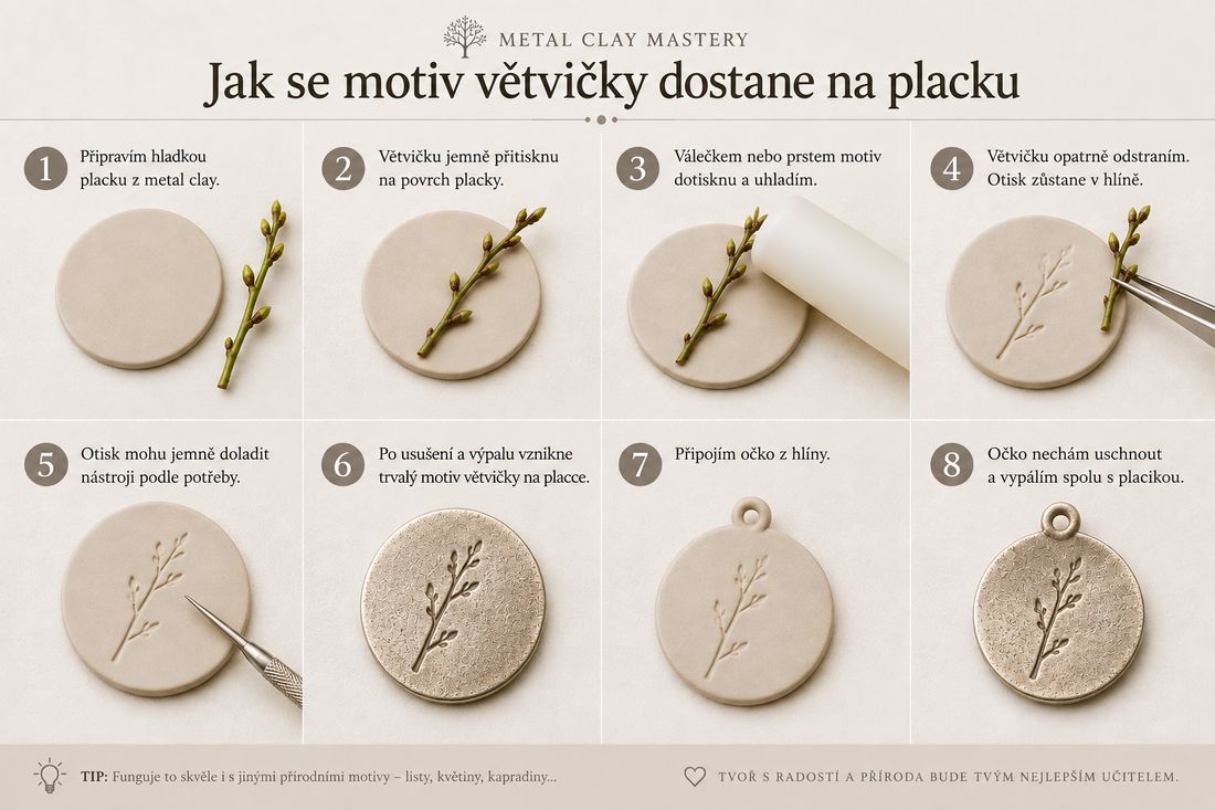 Osm kroků obtisku větvičky do metal clay šperku
