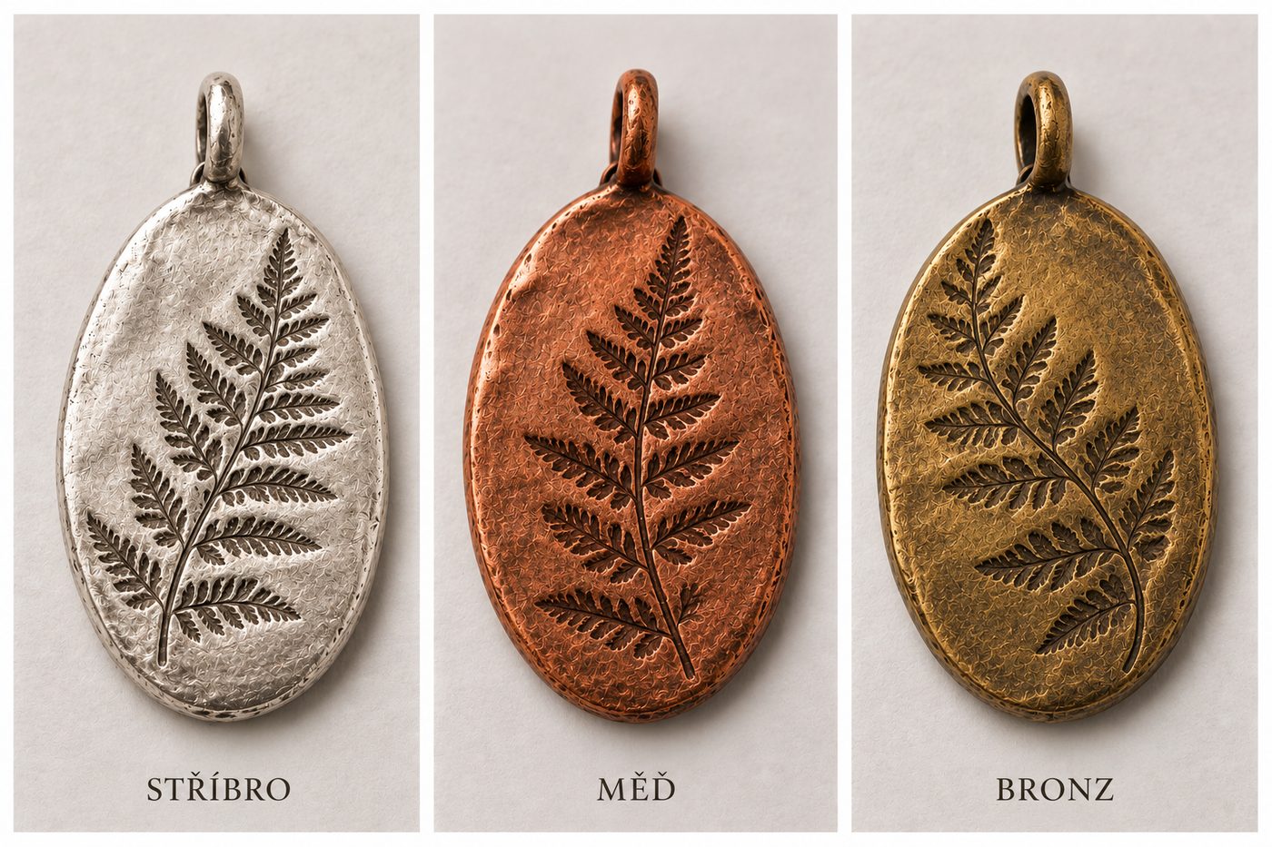 Tři šperky z metal clay ve stříbře, mědi a bronzu